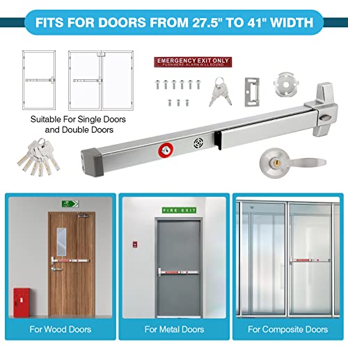 IRONWALLS 27.5" Push Bar Panic Exit Device with Alarm & Exterior Lever - color: Silver, size: 27.5 Inch