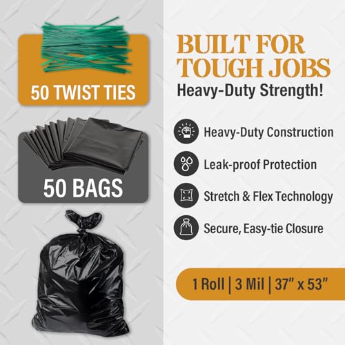 MaxiMite 55 Gallon Contractor Trash Bags Heavy Duty 3 Mil Black 37x53 50 Ct