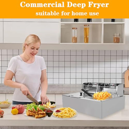 Commercial Electric Deep Fryer, 12L Dual Tank Stainless Steel Countertop Deep Fryer with 2 Baskets & Lids, 5000W Restaurant Deep Fryer with Independent Temperature Control for Restaurant Snack Bar