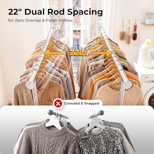 HOKEEPER Clothes Rack Heavy Duty Clothing Rack Load 650 LBS Collapsible Garment Rack with Wheels Double Rod Clothes Rack for Hanging Clothes Commercial Portable Closet Rack with Shelves 22"D*75"W*68"H - color: Chrome