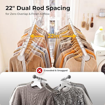 HOKEEPER Clothes Rack Heavy Duty Clothing Rack Load 650 LBS Collapsible Garment Rack with Wheels Double Rod Clothes Rack for Hanging Clothes Commercial Portable Closet Rack with Shelves 22"D*75"W*68"H - color: Chrome