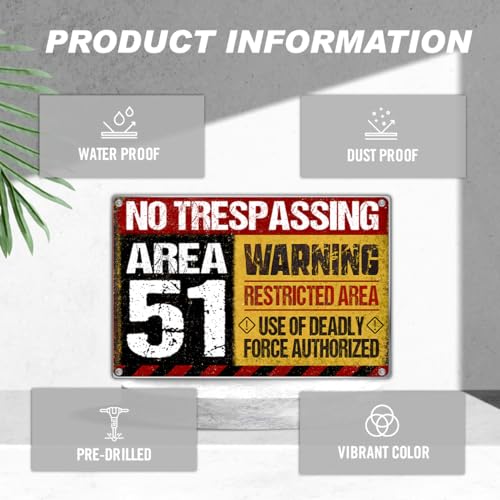 Area No Trespassing Warning Restricted Deadly Force Authorized Metal Sign 12 x 8 Inch Vintage Wall Decor For Garage Bar Man Cave Game Room Aluminum Indoor - color: Conspiracy