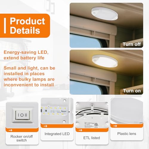 Facon Oval RV Motion Sensor Light - 4W 280LM Warm White (3400K) 12V RV Interior Lighting, LED Ceiling Dome Lights for RV Camper Motorhome Boat - size: Switch with Motion Sensor, 1 Pack
