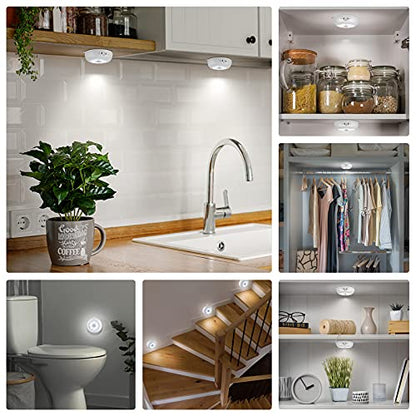 BLS Motion Sensor Light Indoor, LED Night Light Closet Lights, Under Cabinet Battery Powered Ceiling Lights, AA Battery Operated Stick on Wireless Puck Lights for Wall, Step, Stair, Dimmable (3 Pack) - color: Cool White