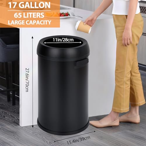 GarveeHome 17 gal/65 L Open Top Trash Can, Stainless Steel Rubbish Bin, Commercial Grade Waste Container, Round Garbage Can for Outdoor, Home Office, Restaurant, Black - color: Black, Open Top