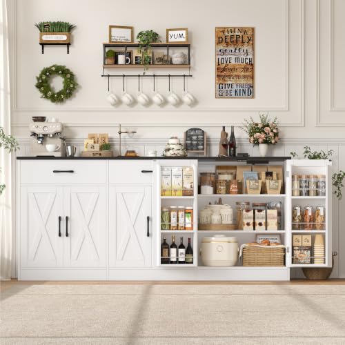 HOSTACK 71" W Kitchen Buffet Cabinet with Storage, Large Coffee Bar Cabinet - color: White/Black
