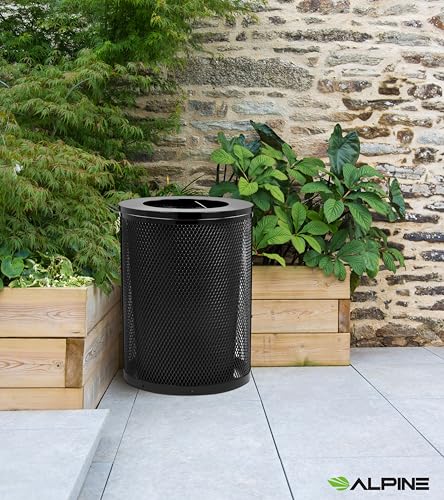 Alpine Outdoor Trash Can 36 Gallon Diamond Steel Commercial Metal Waste Bin with Leak Proof Liner, Heavy Duty Steel Mesh Design, Flat Wide Open Top Lid for Parks, Streets, and Public Spaces-Black - style: Open Top Lid