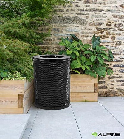Alpine Outdoor Trash Can 36 Gallon Diamond Steel Commercial Metal Waste Bin with Leak Proof Liner, Heavy Duty Steel Mesh Design, Flat Wide Open Top Lid for Parks, Streets, and Public Spaces-Black - style: Open Top Lid
