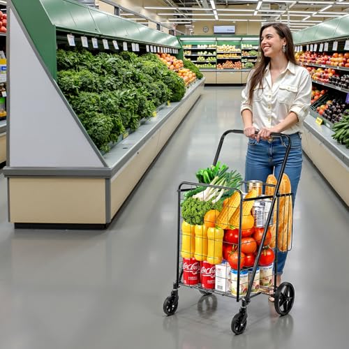 VEVOR Folding Shopping Cart, Jumbo Grocery Utility Cart with Double Baskets, 360° Swivel Wheels, 110 LBS Large Capacity Heavy Duty for Laundry, Shopping, Grocery, Luggage, Black - size: Large