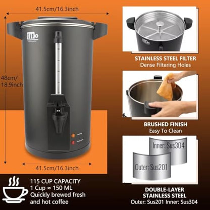 115-Cup 20L Commercial Coffee Urn, Festa Essential 1500W Double Wall Large Percolate Coffee Maker Stainless Steel Hot Water Urn Dispenser with Double Dripless Faucet, Quick-Brewing for Catering, Black - size: 20L-115Cups