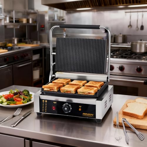 Bonnlo 811E Commercial Sandwich Make, 2200W Stainless Steel Countertop Panini Press Grill with Adjustable Temp 122°F–572°F, For Steak, Burgers, Home & Restaurant Use, 110V, Silver - size: 12.2"D x 16.7"W x 8"H