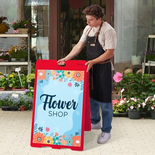 Jumbl Outdoor A-Frame Sandwich Signboard 24” x 36” Display Surface – w/PVC Sign Protector & Sand Fill Holes – Duel Display Signage Stand for Storefront Sidewalk Curb (Red) - color: Red