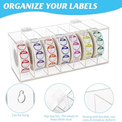 Acrylic Day of The Week Covered Label Dispenser 7-Slot Wall Mount Sticker Roll for 1",3/4" Stickers 1 Inch (No Label)