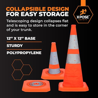 Xpose Safety Collapsible Orange Traffic Cones 28 Inch – Reflective Safety Cone for Parking, Roadside Emergency, Construction, Work Zones, Road Crews & Vehicle Safety