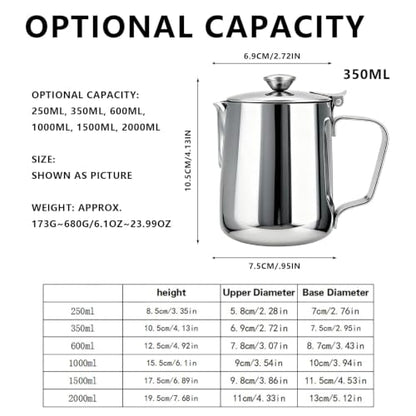Stainless Steel Milk Frothing Pitcher with Lid 350ml, Coffee Frother Cup for Espresso Cappuccino Latte Hot Chocolate, Dripless Pour Spout Ergonomic Handle for Home Office Cafe Kitchen
