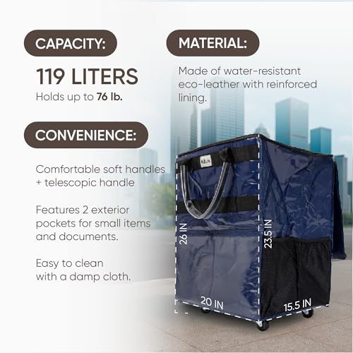 KELN Rolling Tote Bag on Wheels – 76 lb Foldable Shopping Cart – Blue - color: Blue