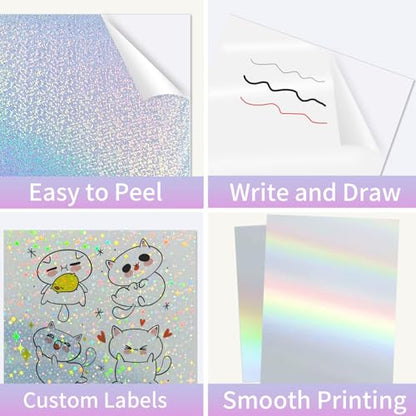 Holographic Sticker Paper for Inkjet & Laser Printer 8.5x11 inch Printable Vinyl Holographic Sticker Paper Self-Adhesive Waterproof- Star, Rainbow, Dots, Transparent- 20 Sheets - color: 4 Style- A, size: 8.5" x 11"