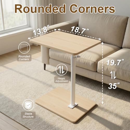 YUHFERA Sofa Armrest Tray Table for Couch - 360 Swivel Height Adjustable End Table for Small Spaces, Snack Side Table for Bed or Chair with Phone & Tablet Slot (Oak, Enlarged) - color: Fair, size: Enlarged