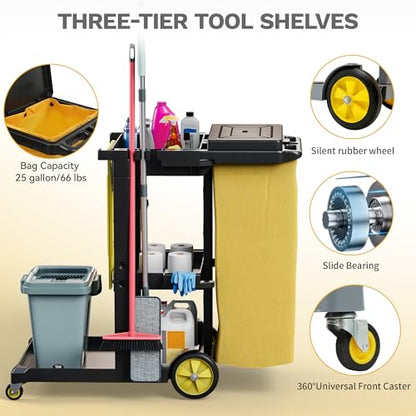 DWVO 3-Tier Janitorial Cart on Wheels,Black Cleaning Housekeeping Cart - color: Black