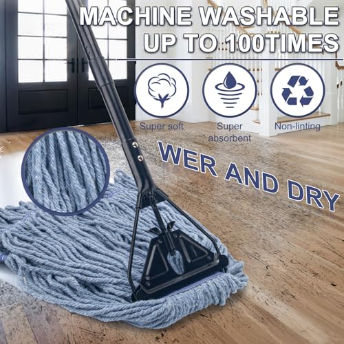 Commercial Industrial Mop for Floor Cleaning,3 Extra Large Replacement Head - size: Black Metal Handle + 3 Blue Heads