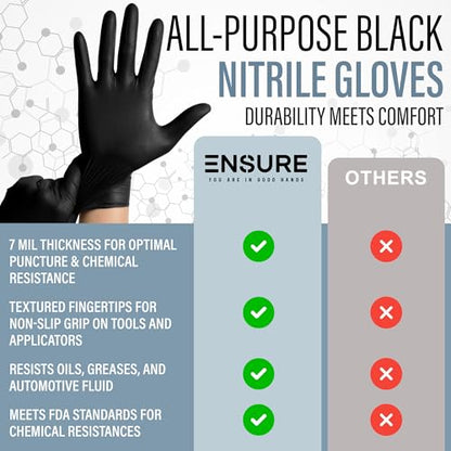 Ensure Black Nitrile Gloves Heavy-Duty Texture Grip Low Derma Patented - size: X-Large