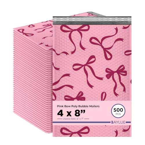 Pink Bow Bubble Mailers 4x8, Designer Padded Envelopes #000, 500 Pack Bulk - color: Pink Bow, size: 4"x8" / 500 Pack