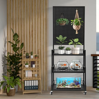 NectaCol Pegboard Panels, 3-Tiers Metal Pegboard Display Stand with Peg Board Panel, Standing Pegboard Display Rack, Craft Show Display, Art Display and Retail Display Stand with 10 Hooks - Black - color: Black