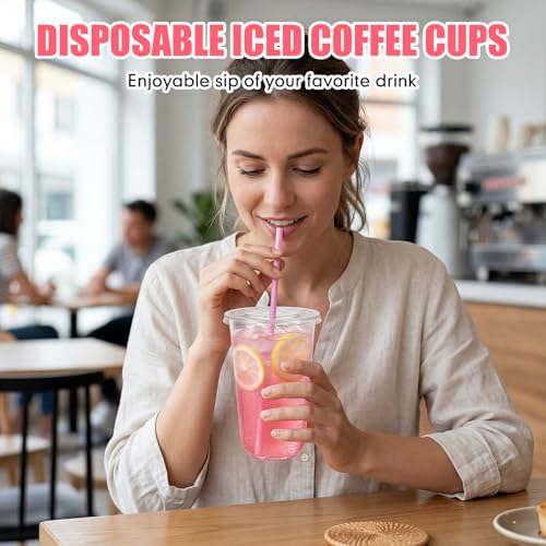 Ziliny 50 Pack 18 oz Plastic Cups with Lids Straws Iced Coffee, Pink - color: Pink, size: 18 oz