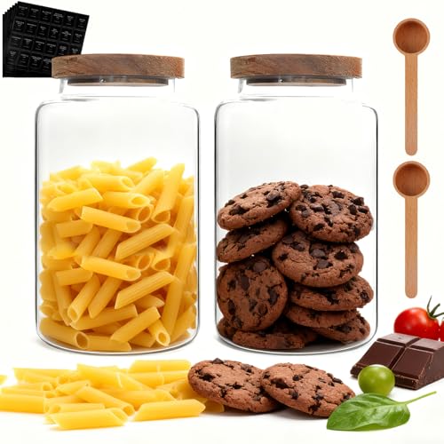 Glass Coffee Jar with Wood Lids Spoon Labels Clear Coffee Ground Canister set of 2,Borosilicate Glass Food Containers for Spice Cookies Sugar Tea Bar (2800ml/94oz-2 pack-with spoon) - color: 2800ml/94oz-2 pack-with spoon