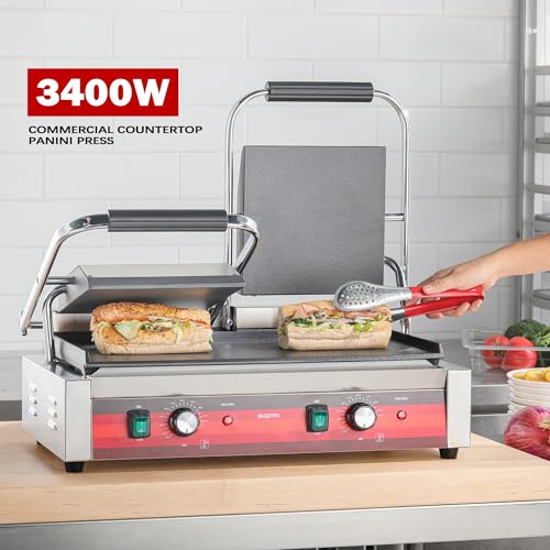 EGGKITPO Commercial Dual Panini Press with 2 Flat Plates Electric Panini Grill with Temperature Control and Handle 19.5" ×9.4" Large Cast Iron Sandwich Maker for Kitchen Business 110V 3400W - size: 19.5”×9.4" Smooth Plate