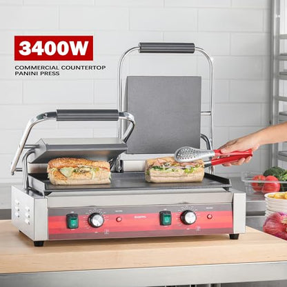 EGGKITPO Commercial Dual Panini Press with 2 Flat Plates Electric Panini Grill with Temperature Control and Handle 19.5" ×9.4" Large Cast Iron Sandwich Maker for Kitchen Business 110V 3400W - size: 19.5”×9.4" Smooth Plate