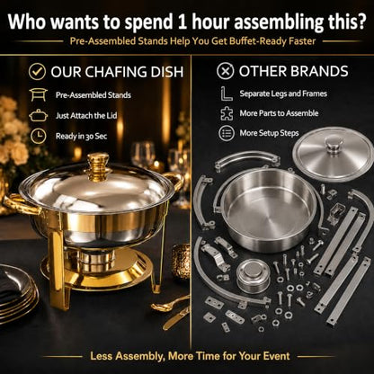 Chafing Dishes for Buffet, 4 Pack 7QT Round Gold, Pre-Assembled Stands - color: Gold