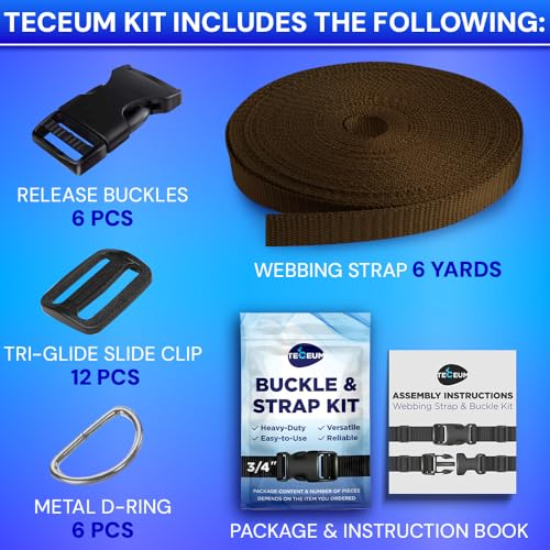 TECEUM 3/4" Nylon Strap Kit with Buckles, Brown 6 yards Repair Set - color: Brown, size: 3/4" - 6 yards, style: 6 Buckle - 12 Slides - 6 D-rind