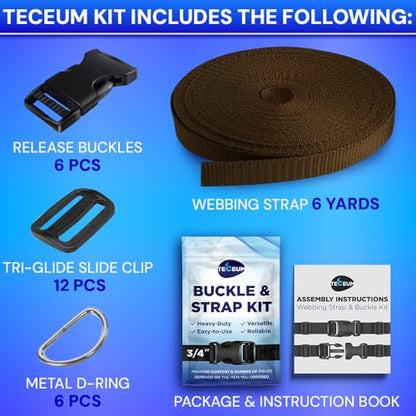 TECEUM 3/4" Nylon Strap Kit with Buckles, Brown 6 yards Repair Set - color: Brown, size: 3/4" - 6 yards, style: 6 Buckle - 12 Slides - 6 D-rind