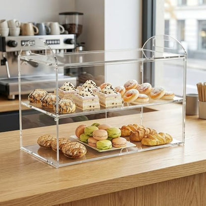 Cupcake Display Case with Handle – 19x 9.5x 11.8″ Commercial Bakery Showcase –Large bread box Transparent Acrylic Food Display for Desserts, Donuts, Cakes, Pastries – Easy to Clean & Assemble - size: 2 Tiers