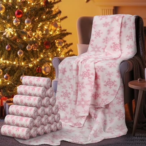 Preboun 24 Pack Bulk Christmas Fleece Throw Blankets, Pink Snowflake - style: Pink Snowflake