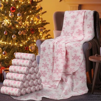 Preboun 24 Pack Bulk Christmas Fleece Throw Blankets, Pink Snowflake - style: Pink Snowflake