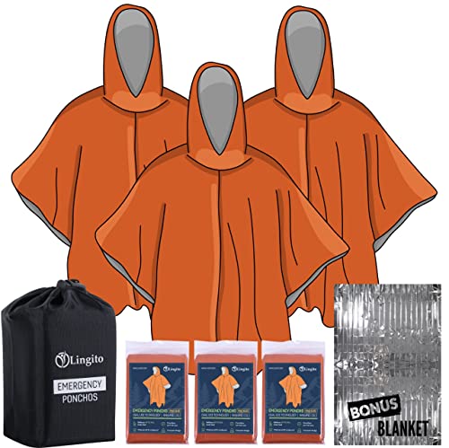 Lingito Rain Ponchos Family Pack - Emergency Drawstring Hood Poncho for Children & Adults Lightweight Reusable or Disposable - color: Orange, style: Thermal (3+1-pack)