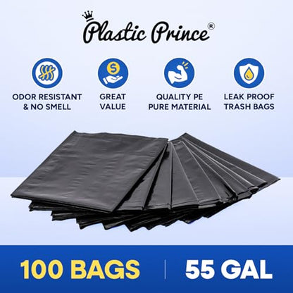 Plastic Prince 37" x 50" 55 Gallon 2 Mil Black Trash Bags, 10 Rolls of 10 Bags Total of 100/Case - style: 2 Mil