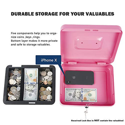 KYODOLED Large Metal Cash Box with Money Tray and Lock,Money Box with Cash Tray,Cash Drawer,9.84"x 7.87"x 3.54" Pink Large - color: Pink, size: Large