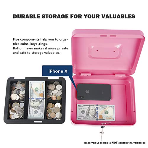 KYODOLED Large Metal Cash Box with Money Tray and Lock,Money Box with Cash Tray,Cash Drawer,9.84"x 7.87"x 3.54" Pink Large - color: Pink-1PACK, size: Large
