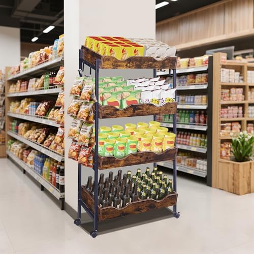 Snack Rack with Wheels,4-Tier Retail Display Shelves with 8 Metal Hooks,Tilted Design,Mobile Retail Display Stand with Metal Frame,Easy Assembly