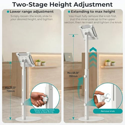 Anti-Theft iPad Kiosk Stand, Adjustable Tablet Floor Stand for POS Checkout - color: White