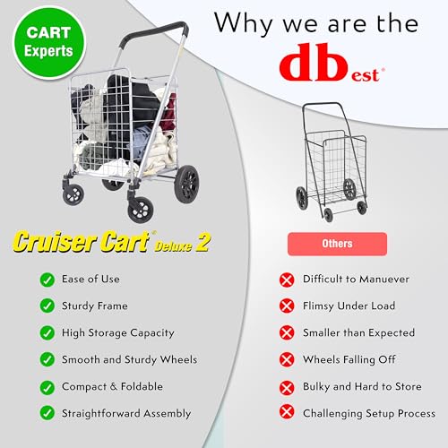 dbest Products Cruiser Cart Deluxe 2 with Liner Bag Bundle Shopping Grocery Rolling Folding Laundry Basket on Wheels Foldable Utility Trolley Compact Lightweight Collapsible - color: Silver, style: Deluxe 2 Bundle
