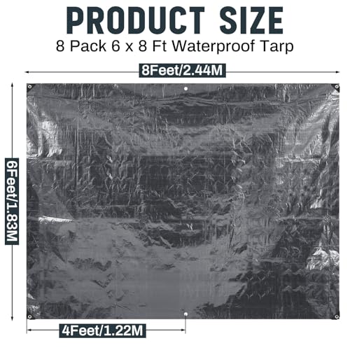 8 Pack 6 x 8 ft Gray Tarps, 5.5 Mil Heavy Duty Waterproof Tarp - color: Gray, size: 6 x 8 ft