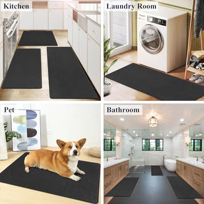 HEBE Anti Fatigue Kitchen Rugs Set of 3, Cushioned Kitchen Mats for Floor - color: Black