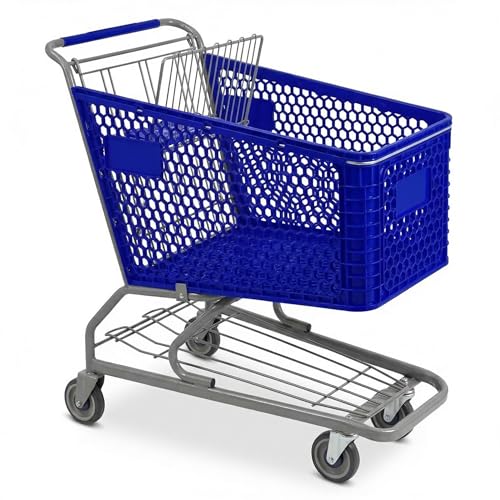 Blue Plastic Shopping Cart, 5.8 Cu. Ft. Capacity, 350 lb Weight Limit, Child Seat, 39x21.3x39.4 Inches, for Supermarket
