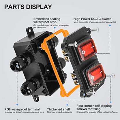 Waterproof On Off Toggle Switch Double Switch with Red Light Rocker Button Inline Cord Switch DPST AC/DC 20A-125V,16A-250V,30A-24V,35A-12V, IP66 4 Exit - color: Red/2 Switch/4 Outlet