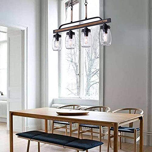 Wellmet Farmhouse Dining Room Chandelier, Black Mason Jar Chandelier Lighting Fixture for Kitchen Island, Dining Table, Rustic Linear Cluster Hanging Pendant Light, Faux Wood with Glass Shade