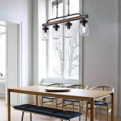 Wellmet Farmhouse Dining Room Chandelier, Black Mason Jar Chandelier Lighting Fixture for Kitchen Island, Dining Table, Rustic Linear Cluster Hanging Pendant Light, Faux Wood with Glass Shade